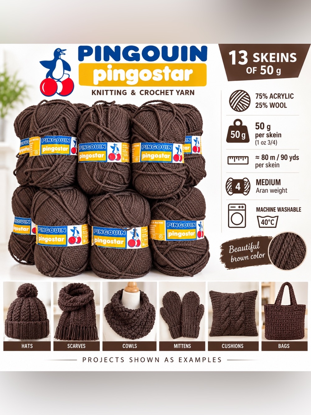 Pingostar Brown Knitting & Crochet Yarn - 13 Skeins